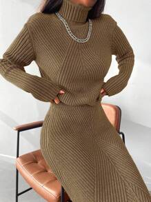 EURMUSE Solid High Neck Sweater & Knit Skirt - Brown - View 3