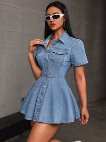 SHEIN EZwear Women's Collared Button-Front Short Sleeve Pocket Casual Denim Dress - Light Wash - View 3