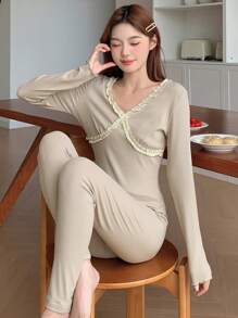 DAZY Lace Trim V-Neck Slim Fit Pajama Set - Khaki - View 4