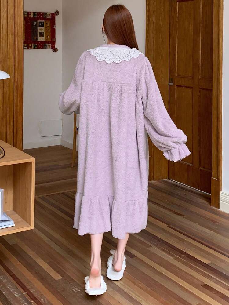 Women's Thick Flannel Lace Trim Lapel Nightgown, Winter Pajama,Thermal Lined