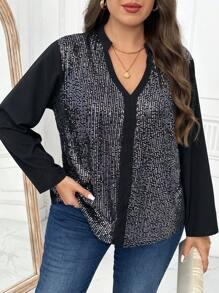 SHEIN LUNE Plus Size Solid Color Sequin Decorated Long Sleeve Casual Shirt