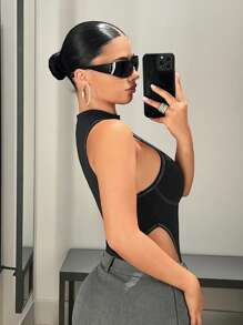 SHEIN ICON 女款 Y2k 夏季运动时尚金属字母无袖黑色紧身衣 - 黑色 - 查看 6