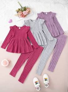 SHEIN Genkimix Kids Young Girl 3pcs Set Solid Color Tee & Pants Casual Suit, Autumn/Winter