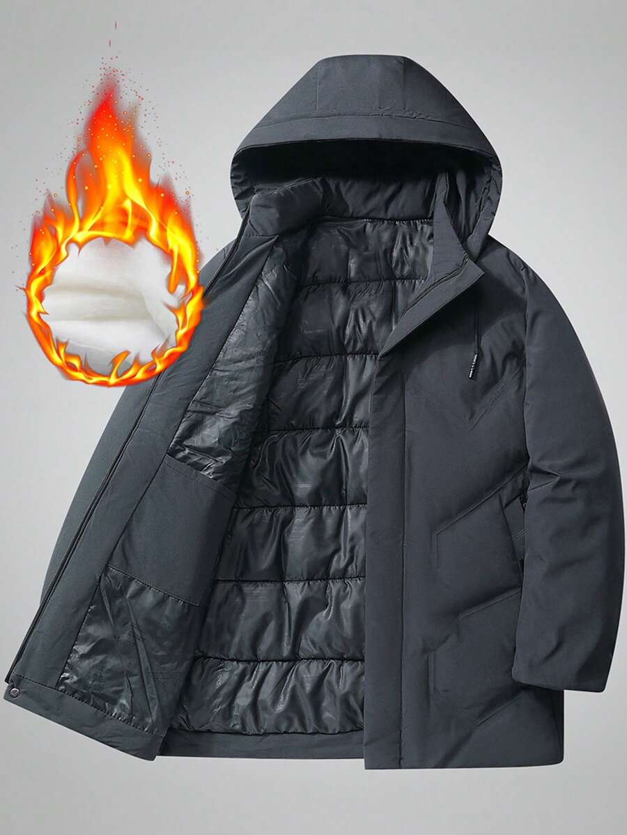 Manfinity Homme Men's Hooded Solid Color Drawstring Casual Padded Coat, Winter - Grey - View 1