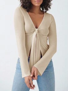 INAWLY 女士纯色前系带长袖休闲 T 恤 - 杏色 - 查看 4