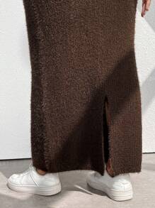 Calvaya 1pc Plus Size Women's Solid Color Maxi Casual Knitted Skirt - قهوة بني - مشاهدة 7