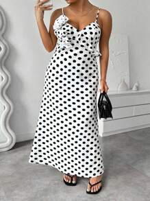 Celure Plus Size Women Elegant 3D Floral Decor Ruffle Hem Polka Dot Slip Dress - White - View 6