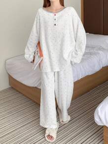 DAZY Polka Dot Print Velour Fabric Colorful Button Decor Pajama Set