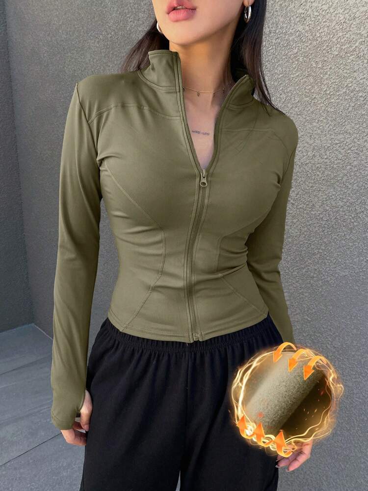 Women's Solid Color Front Zipper Long Sleeve Jacket, Casual & Everyday Wear