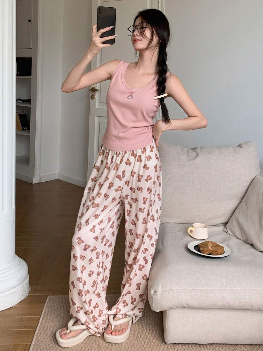 DAZY Bear Print Cami & Pants Pajama Set - Pink - View 1