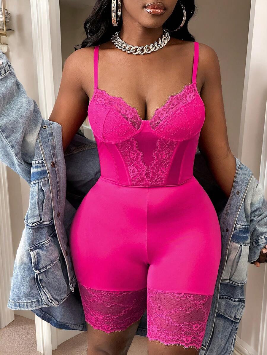 Slaydiva Seksowne, koronkowe kombinezony damskie z łączeniem biustu - Z - Wyrazisty róż - Zobacz 1