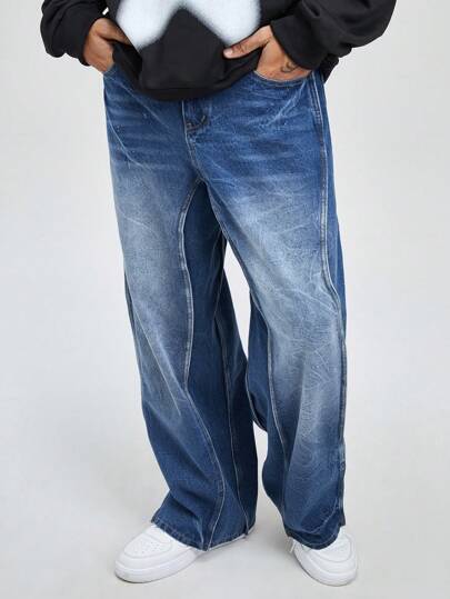 Street Life Men's Button Waistband Loop Pocket Straight-Leg Casual Fashion Streetwear Denim Baggy Jeans