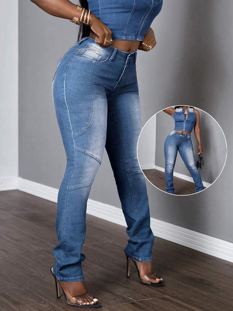 SHEIN Slayr Women's Pockets Skinny Casual Versatile Jeans - Light Wash - View 1