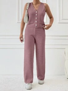 SHEIN PETITE Women's V-Neck Single-Breasted Knitted Vest & Knitted Pants Casual 2pcs Suit For Fall Winter