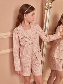 Tween Girl Collared Long Sleeve Vintage Formal Blazer, Vest And Casual Shorts 3pcs Set, Autumn/Winter