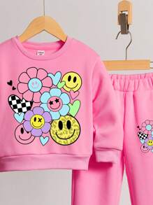 SHEIN 2 件套厚款保暖内衬运动衫和裤子套装，适合年轻女孩，休闲装，适合秋冬季 - 玫紅色 - 查看 5