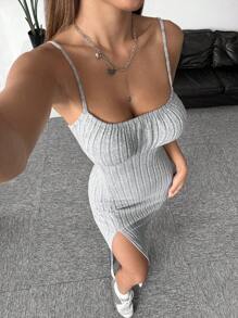 SHEIN EZwear 1 pieza Vestido gris de punto con tirantes finos y abertura alta para mujer - Gris - Ver 3
