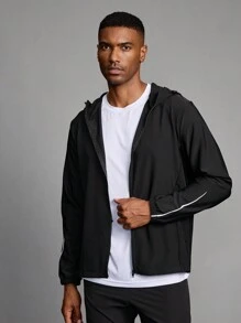 Manfinity Running 男友风格男士纯色长袖拉链连帽运动夹克，4 季 - 黑色 - 查看 4