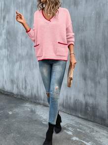 SHEIN LUNE Jersey de bolsillo con manga larga y ribete de color contrastante, uso casual de todos los días