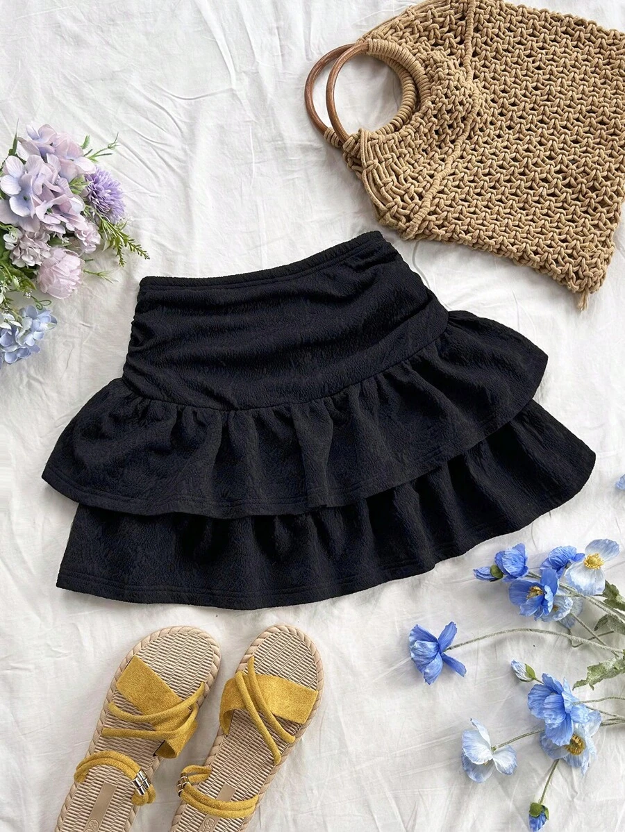 Soleia Falda de mujer de cintura alta, multicapa, fruncida y de unicolor - Negro - Ver 1