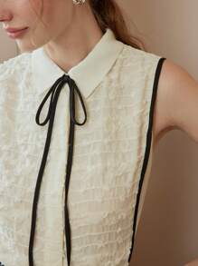 MOTF PREMIUM 系带领口撞色绑带纹理衬衫 - 白色 - 查看 3