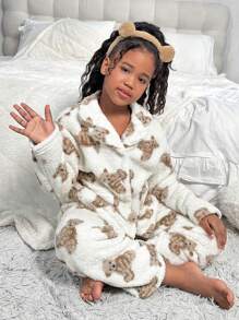 SHEIN 2pcs Tween Girl Cute Bear Pattern Collar Long Sleeve Top And Thermal Lined Pajama Pants Soft & Cozy Winter Sleepwear Sets - Khaki - View 4