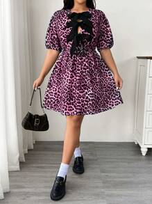 SHEIN EZwear 大码泡泡袖豹纹领结连衣裙 - 粉色 - 查看 1