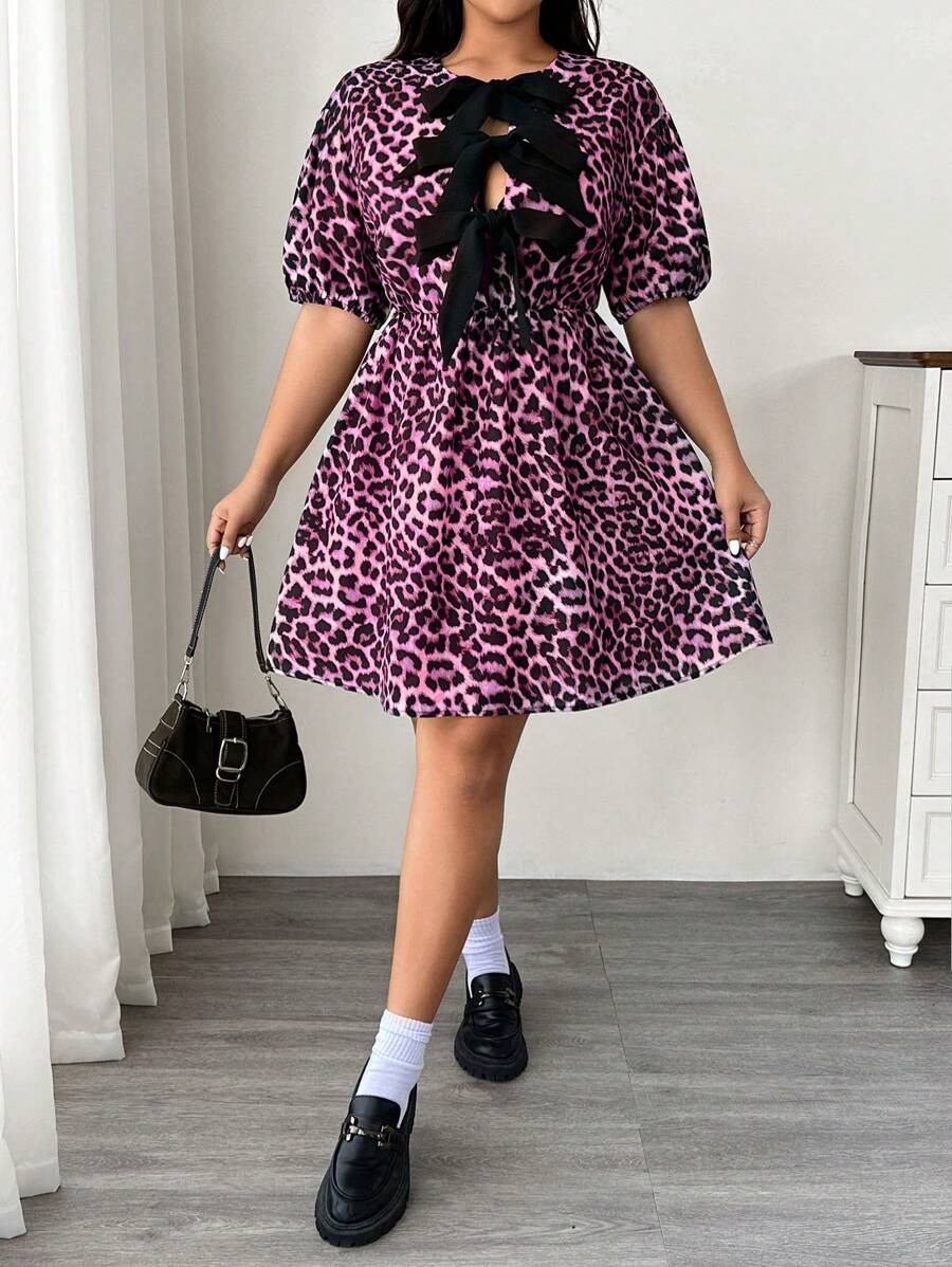 SHEIN EZwear 大码泡泡袖豹纹领结连衣裙 - 粉色 - 查看 1