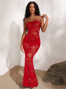 Opulessa Casual Knitted Lace Slim Fit Strapless Mermaid See Through Dress For Women Maxi Women  Bachelorette  Sexy  Dresses Party Sexy - Red - View 1