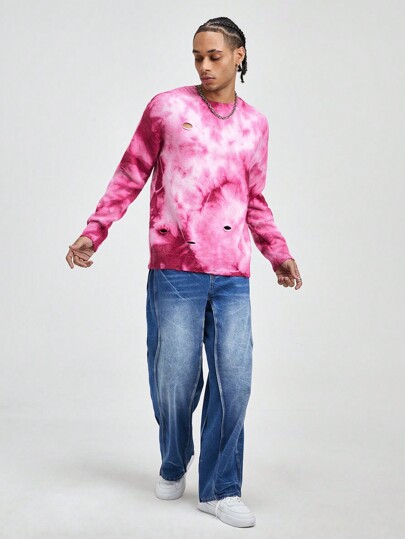 Street Life Jersey de cuello redondo de punto con efecto desgastado y teñido anudado de moda para hombre (patrón aleatorio)