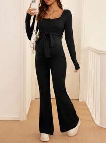 SHEIN Pregnant Women Spring & Autumn Solid Color Slim Fit Flared Jumpsuit