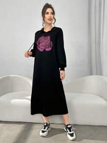 Modelyn Áo hoodie rút dây họa tiết hoa dành cho nữ, Áo nỉ thời trang thường ngày - màu đen - Xem 5