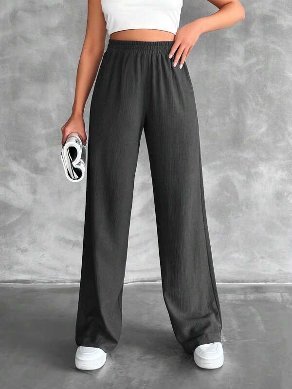 SHEIN Tall Cotton Tall Size Solid Elastic Waist Straight Leg Pants