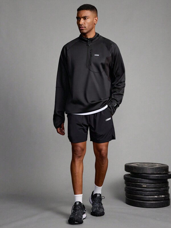 Manfinity Sport Polished Boyfriend Style Men's Front Zip Letter Printed Minimalist Sweatshirt, Casual Daily Wear Back To School Gym Clothe Hiking Outfit