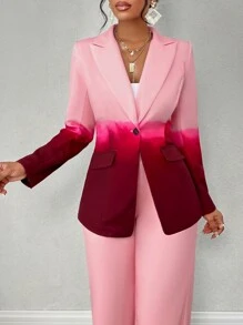 SOLERSUN 2pcs/Set Ombre Lapel Neck Single Button Blazer & Pants - Pink - View 3