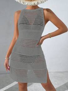 Women's Solid Color Casual Sleeveless Sheer Coverup Summer - Dark Grey - View 3