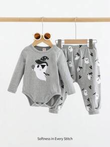 Cozy Pixies 2pcs Newborn Baby Boy Halloween Ghost Pattern Knit Soft Round Neck Romper & Footed Pants Fall Set