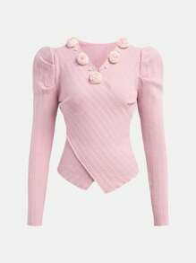 Teen Girl Pink Pullover Sweater Suitable For Fashionable Teenage Girls, Showcasing Elegance. The Fitted Design Brings A Dimensional Look, And The Beaded V-Neck Structure Adds Graceful Allure. - Pink - View 6