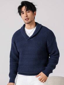 Manfinity Homme Men Plain Minimalist Casual Long Sleeve Collar Sweater - Navy Blue - View 6
