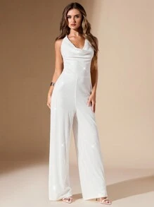 SHEIN BAE 女士纯色亮片挂脖阔腿连体裤