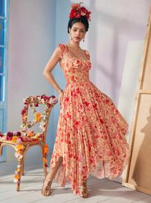 Frida Kahlo X SHEIN X Designer RAUL OROZCO Boho Bohemian Floral Printed Knot Strap Bustier Cami Bodysuit, Holiday, Vacation, Spring & Summer, Festival - Red - View 1