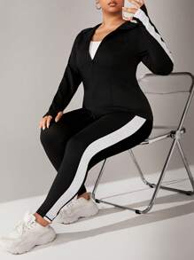 SHEIN Rhythm Era 大码女式 V 领长袖上衣和裤子，运动夜跑套装，健身女士套装 - 彩色 - 查看 1