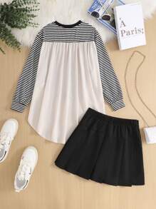 SHEIN 2pcs Tween Girl Knit Asymmetrical Patchwork Top And Pleated Skirt Set