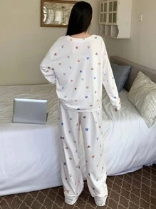 DAZY Cute Heart Print Pajama Set - White - View 2
