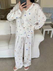 DAZY Cute Heart Print Pajama Set - White - View 8