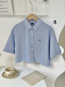 SHEIN Unity 女士蓝色条纹刺绣蝴蝶结衬衫，短款女士衬衫 - 寶藍色 - 查看 3