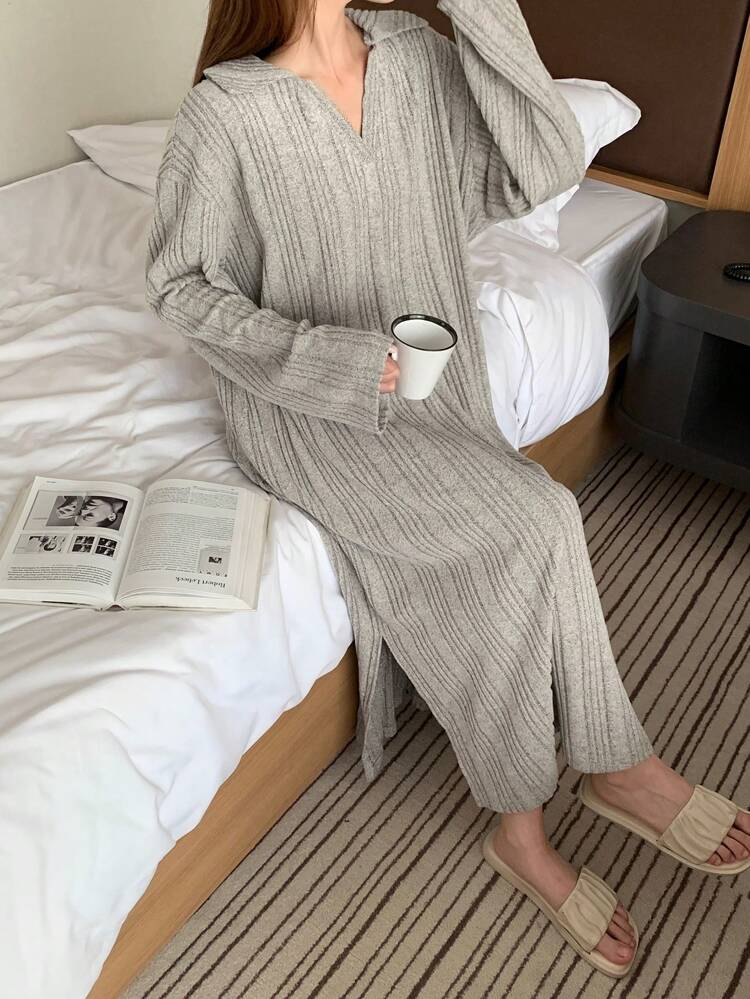 Soft Ribbed Fabric Collared Loungewear Dress, Pajama, Cozy Outfit, Fall & Winter, Moo Moo Night Dress