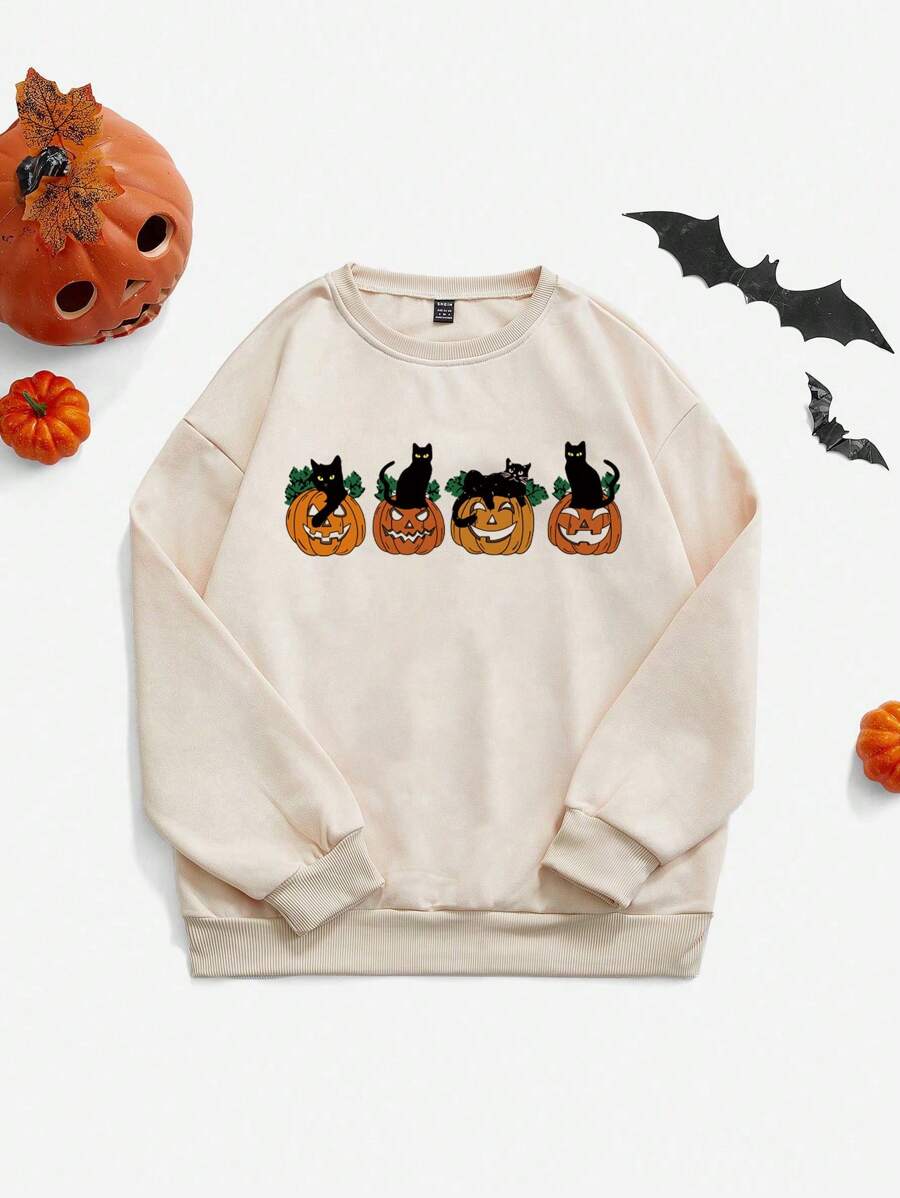 SHEIN Unity 女士圆领长袖休闲南瓜和黑猫图案印花宽松套头衫万圣节运动衫 - 米色 - 查看 1