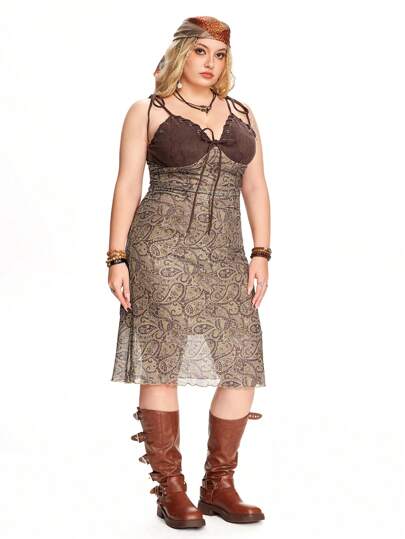 Hippie فستان كاجوال بحمالات سباغيتي ربطة الخصر لون سادة تباين الحجم الكبير