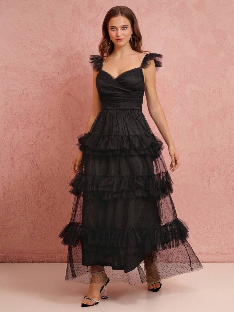 Vestido Longo de Tule com Babados Pretos Elegantes, Vestido de Princesa para Encontros à Noite, Festa, Coquetel e Baile de Formatura